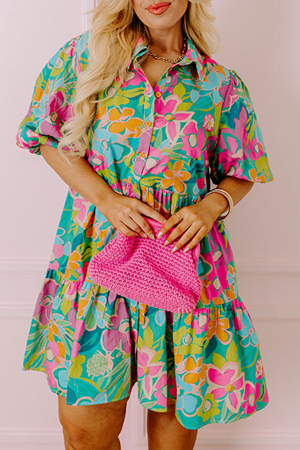 Floral Print Puff Sleeve Tiered Shirt Dress, 1XL-3XL