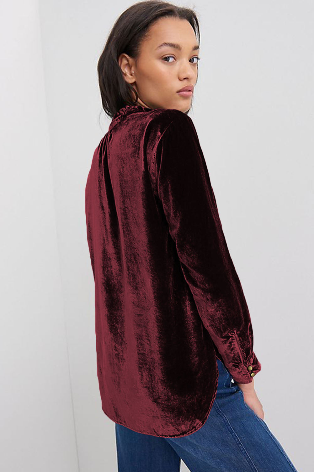 Frilled Neck Buttoned Front Velvet Top, S-2XL, several color choices