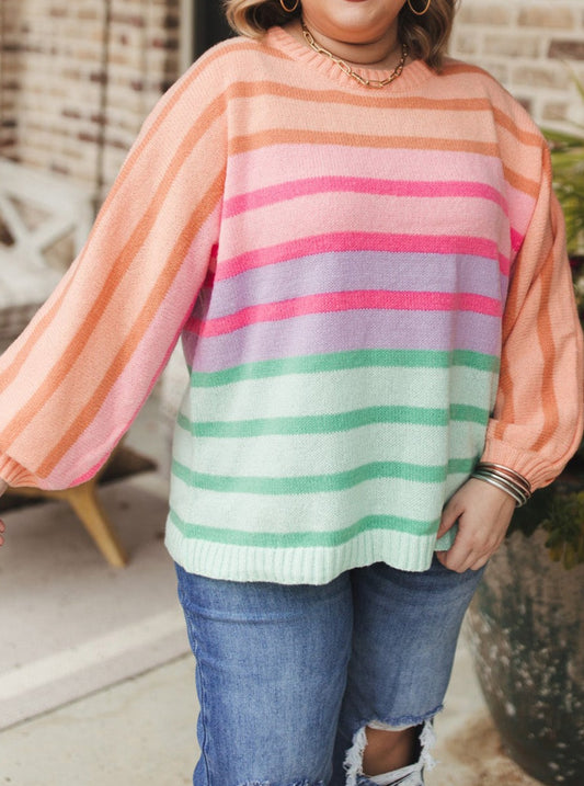 Stripe Color Block Balloon Sleeve Crewneck Sweater, 1XL-3XL