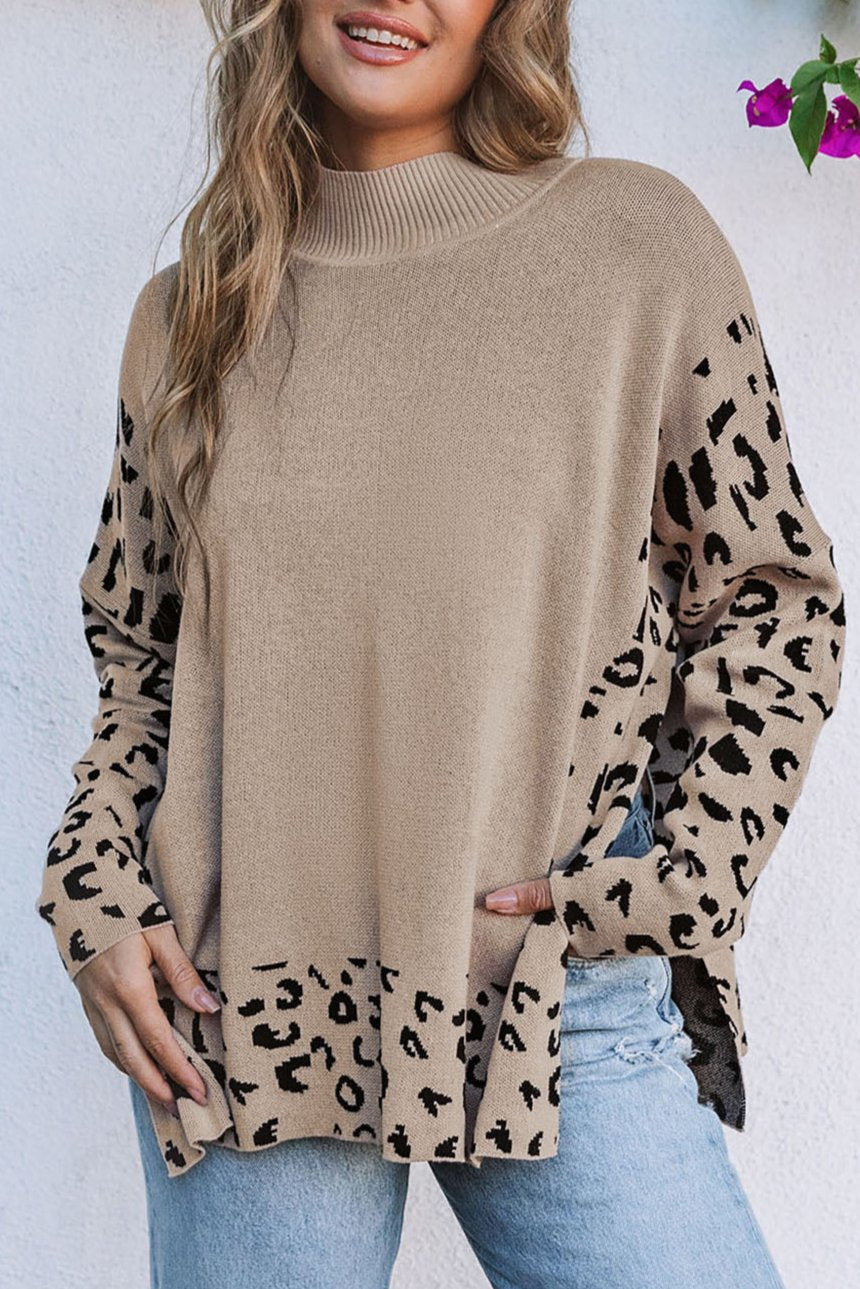 Leopard High Neck Side Slit Oversized Sweater, S-2XL, two color choices