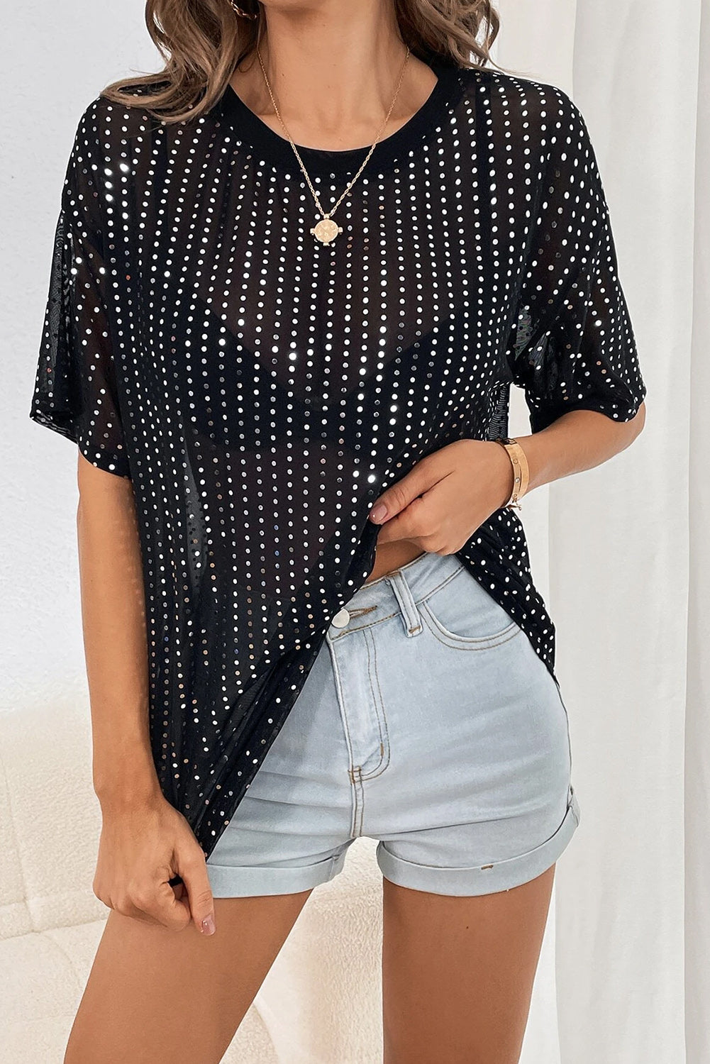 Sequin Drop Shoulder Sheer T-shirt, S-XL