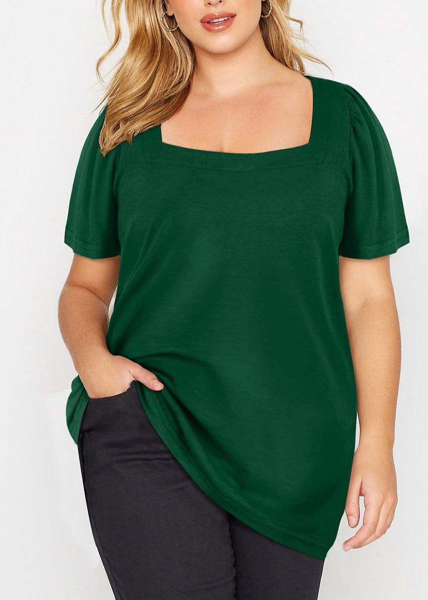 Square Neck Ruched Shoulder Short Sleeve Top, 1XL-3XL