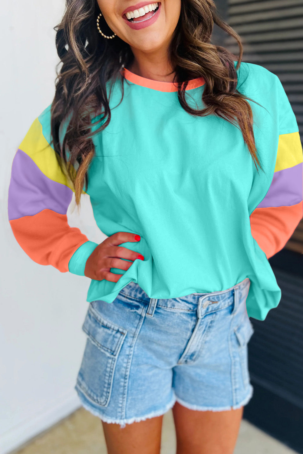 Colorblock Patchwork Long Sleeve Loose Top, S-2XL, four color choices