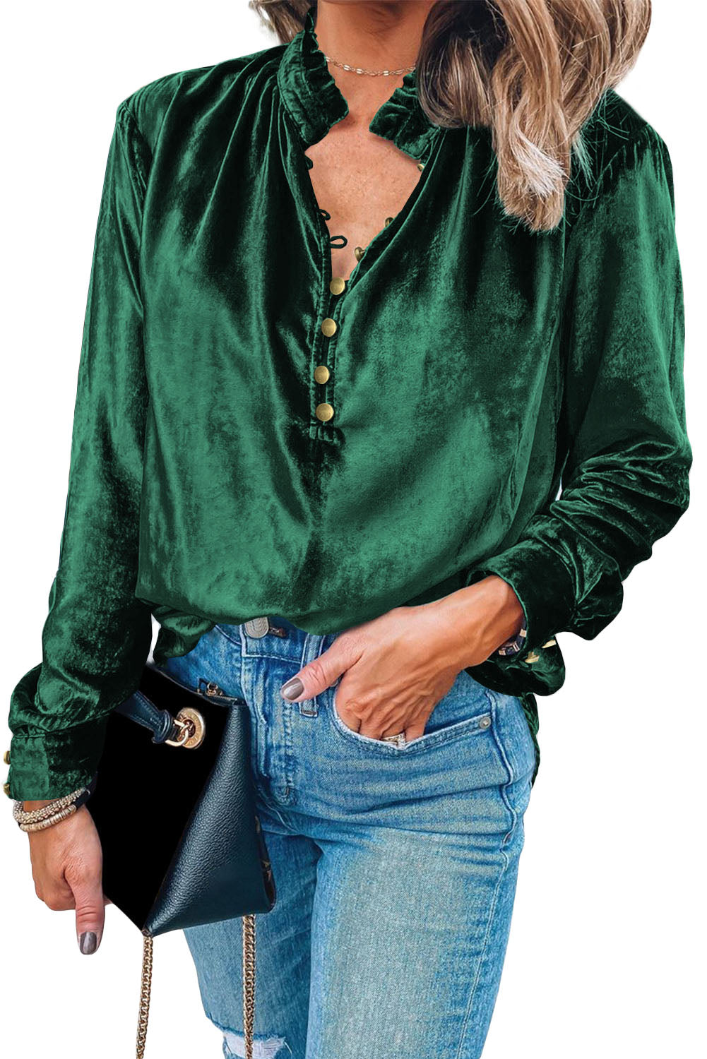 Frilled Neck Buttoned Front Velvet Top, S-2XL, several color choices