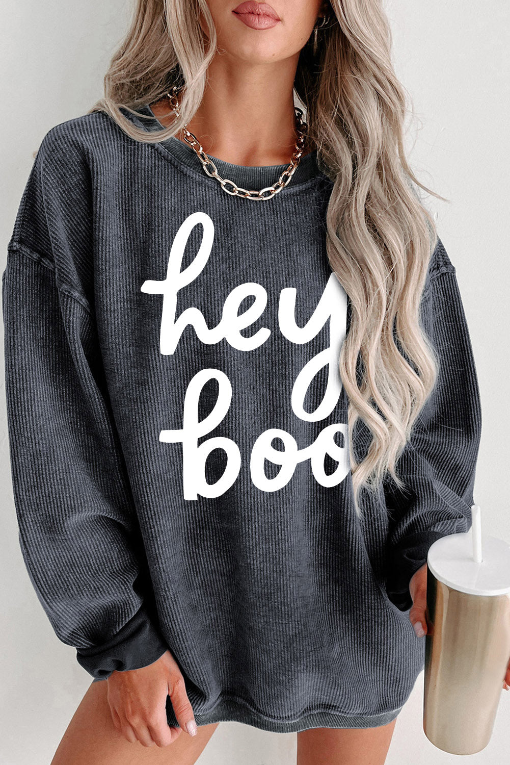 Hey Boo Graphic Corded Sweatshirt, S-2XL