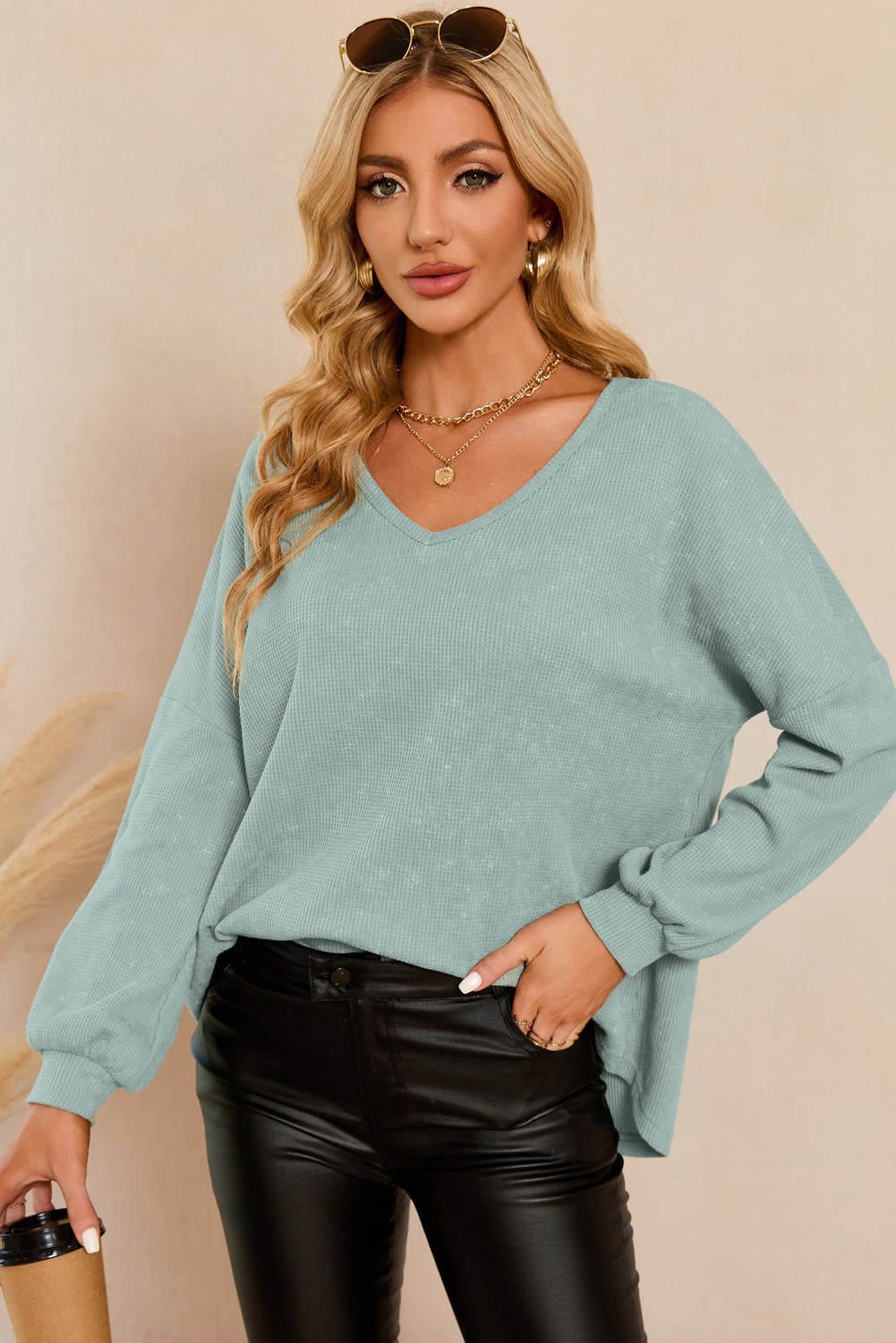 Waffle Knit V Neck Long Sleeve Loose Tunic Top, S-2XL, two color choices