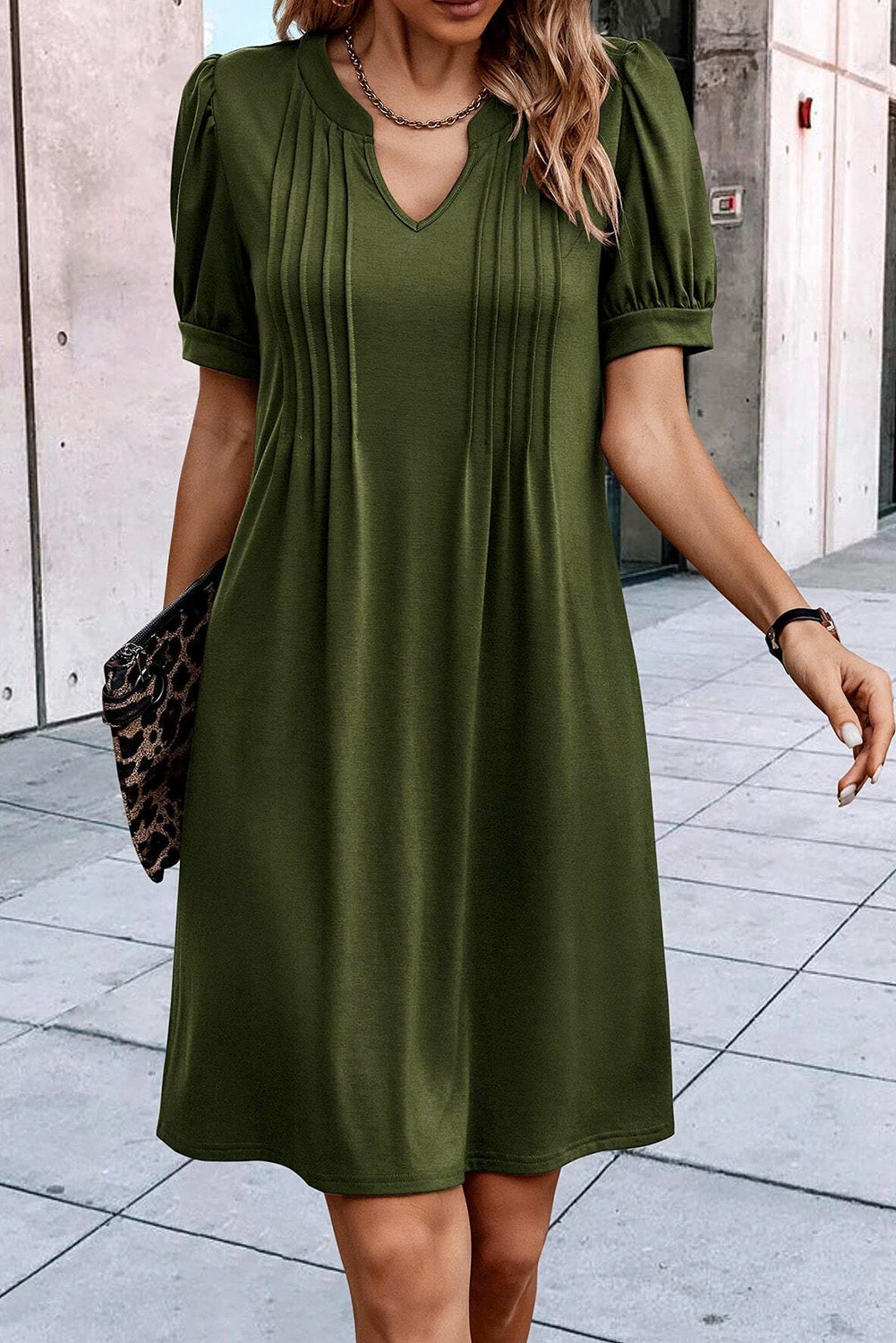 Notched Neck Pleated Puff Sleeve Shift T-shirt Dress, S-XL