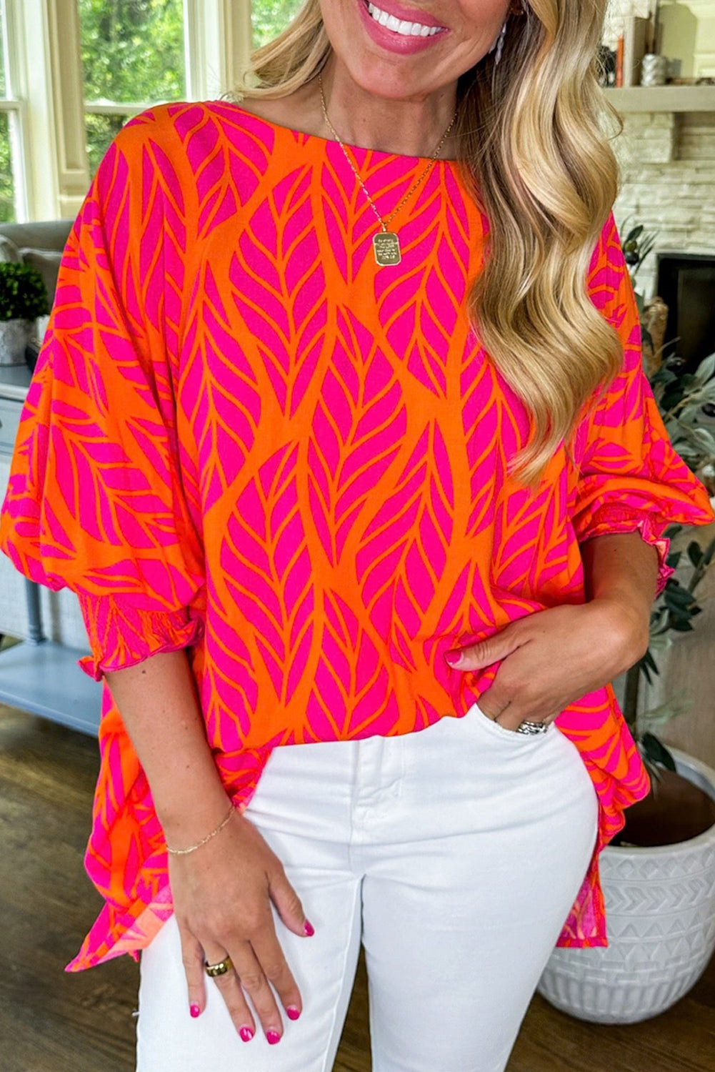 Tropical Leaf Print Smocked Puff Sleeve Blouse, S-2XL