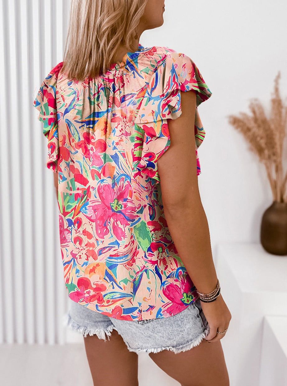 Floral Ruffled Sleeve V Neck Summer Blouse, S-XL