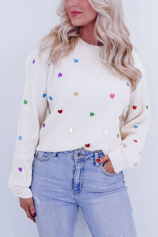 Sequin Heart Shape Waffle Knit Round Neck Sweater, S-XL