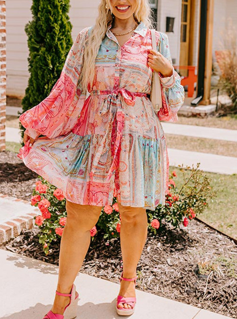 Patchwork Print Bubble Sleeves Belted Dress, 1XL-3XL