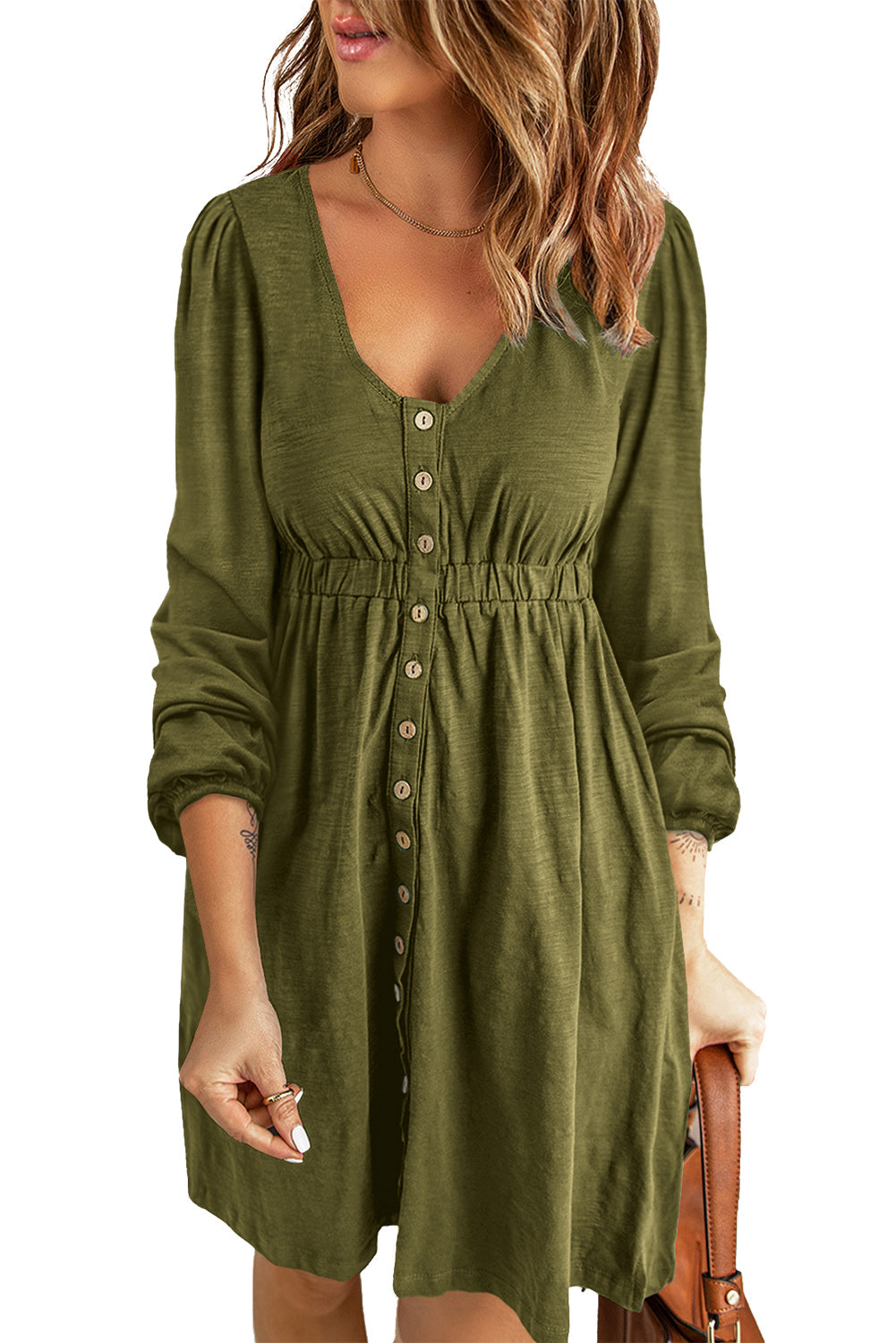 Button Up High Waist Long Sleeve Dress, S-2XL, Several color choices!