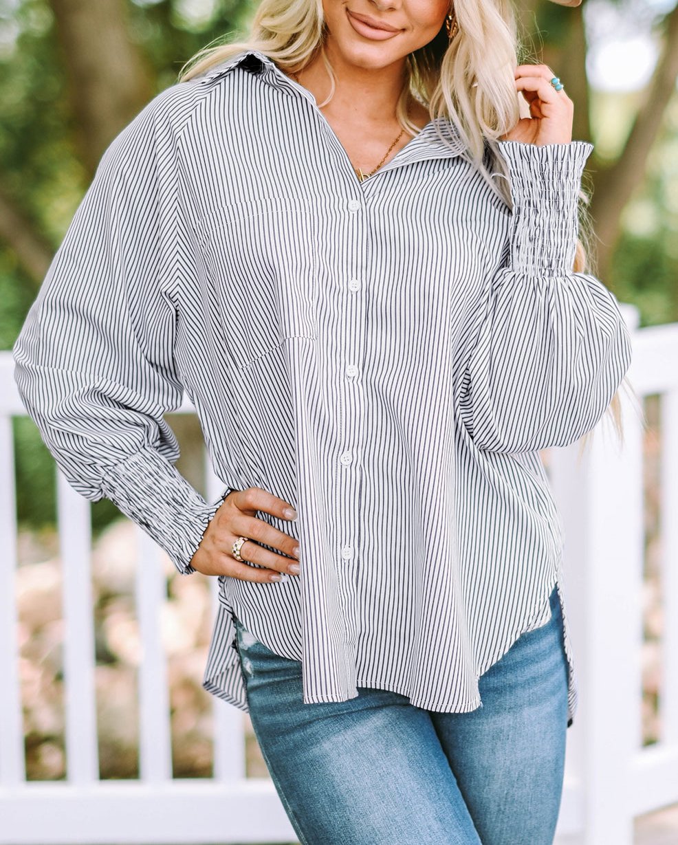 Smocked Cuffed Striped Boyfriend Shirt with Pocket, XS-2XL, Several color choices!