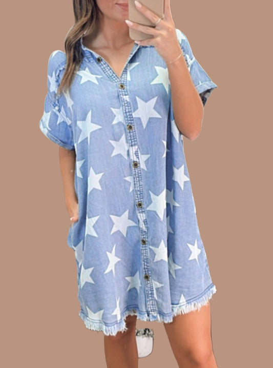 Stars Frayed Hem Collared Short Sleeve Denim Dress, S-XL