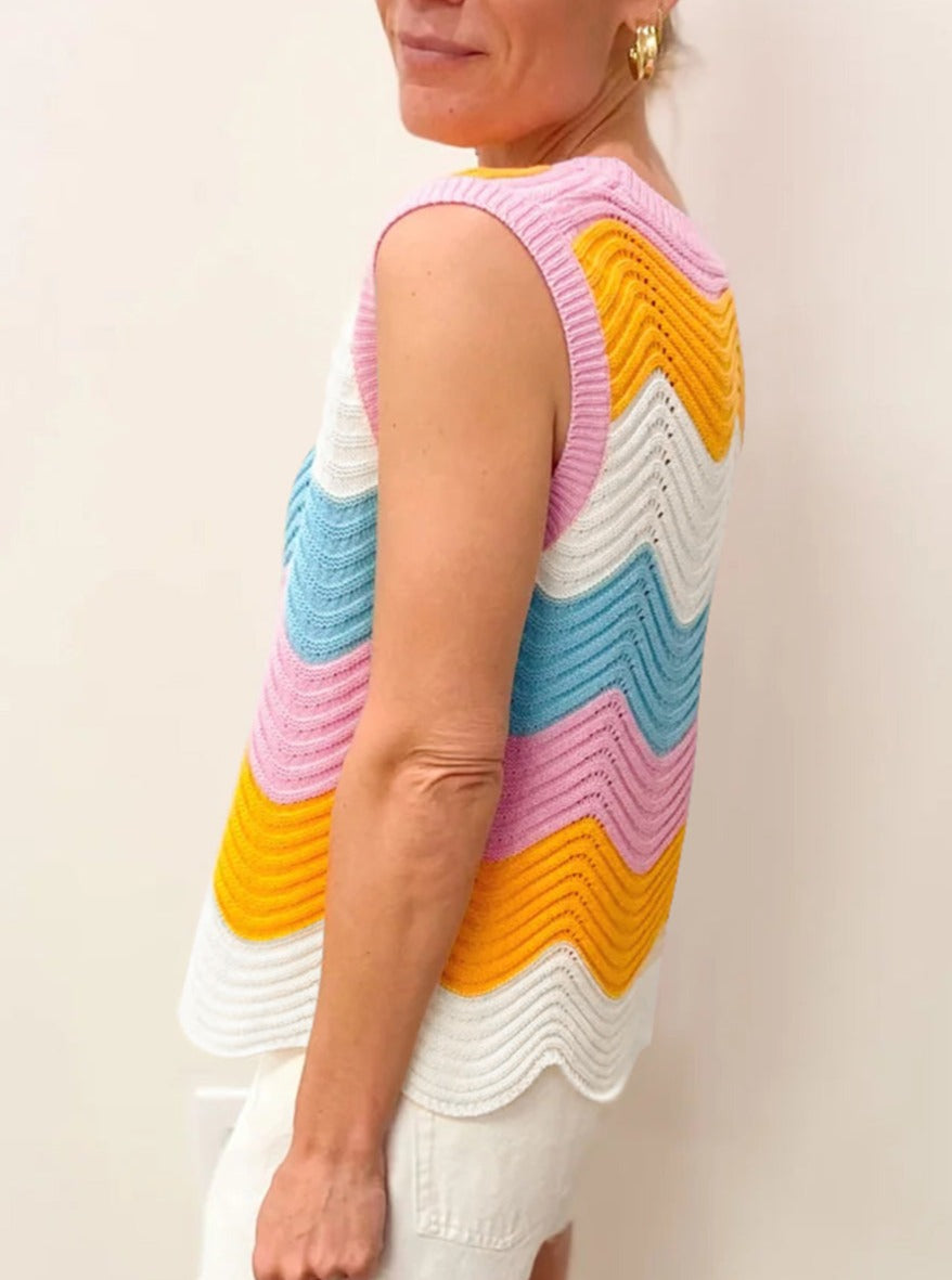 Striped Colorblock Scalloped Hem Knitted Vest, S-XL