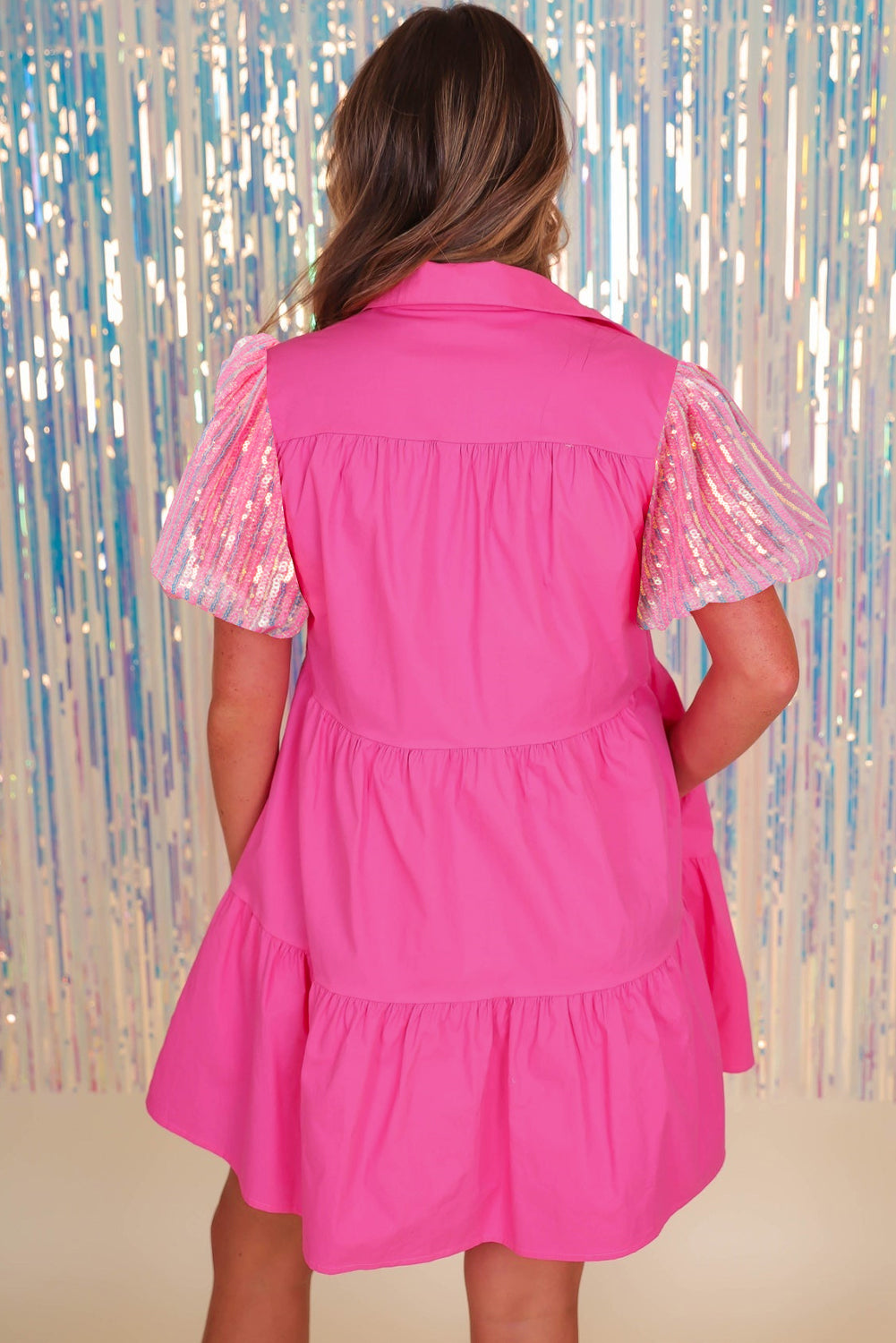 Sequined Bubble Sleeve Tiered Ruffled Shirt Dress, S-XL