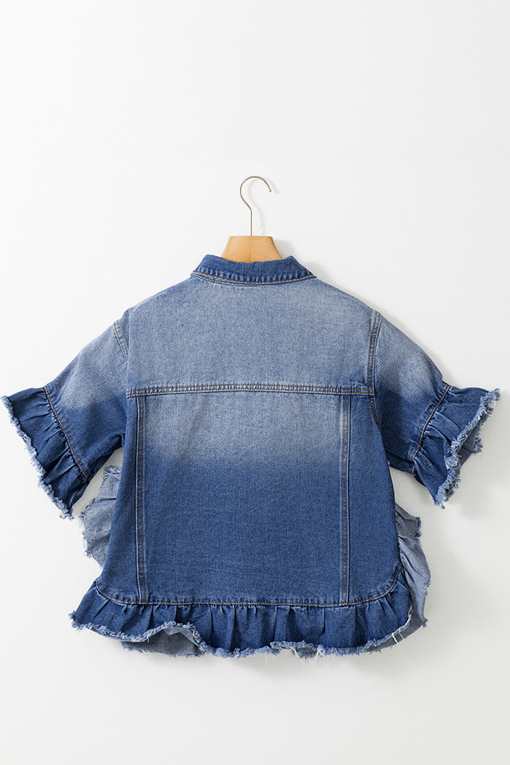 Ruffled Frayed Short Sleeve Denim Jacket, 1XL-4XL