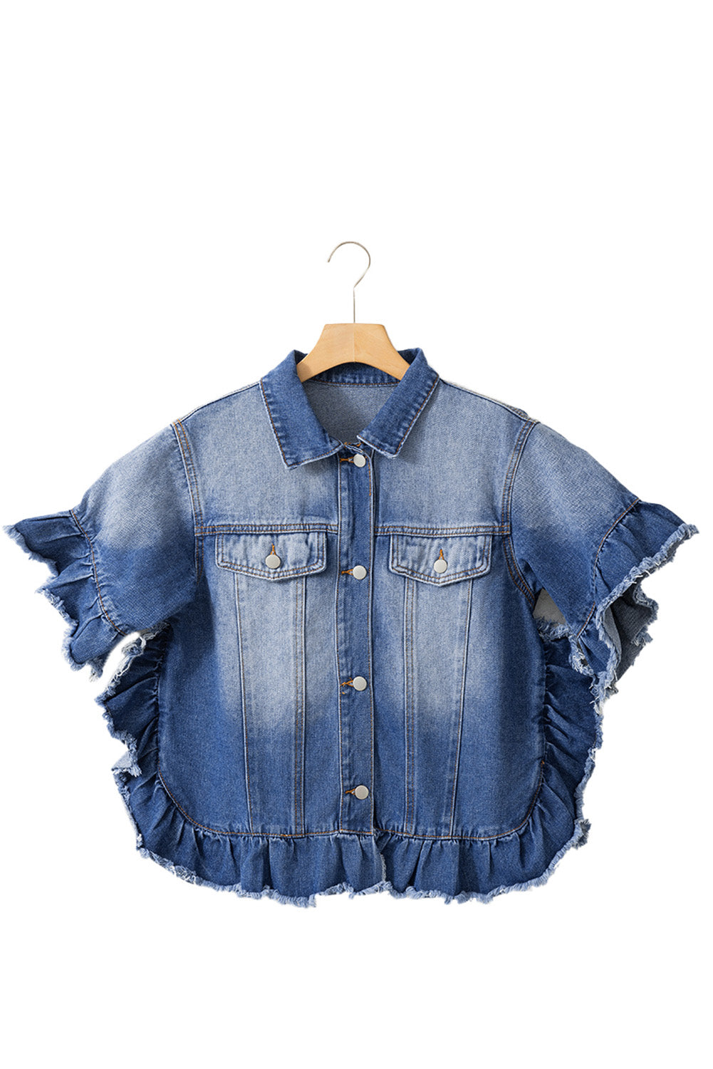 Ruffled Frayed Short Sleeve Denim Jacket, 1XL-4XL