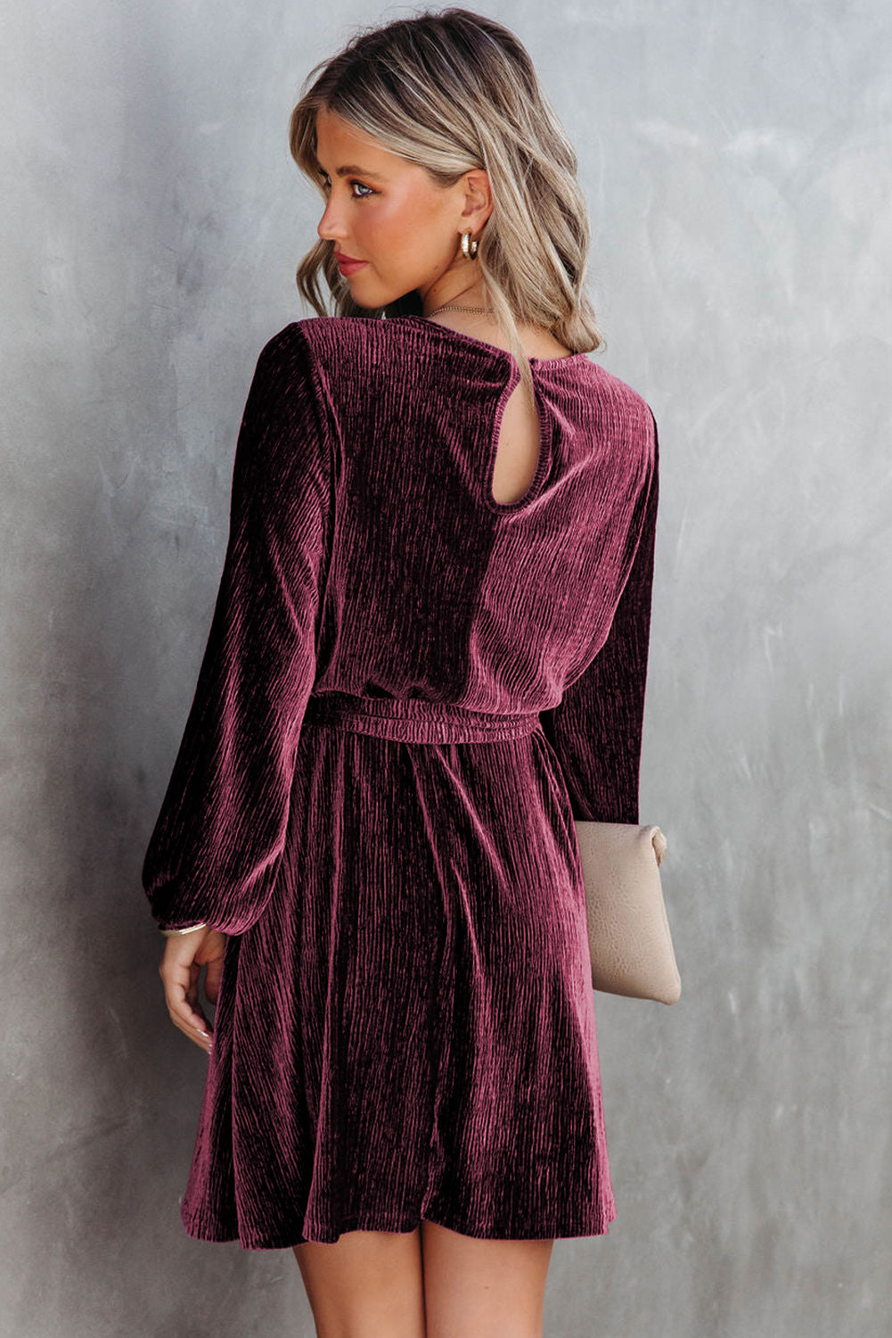 Tie Waist Crinkle Velvet Dress, S-XL