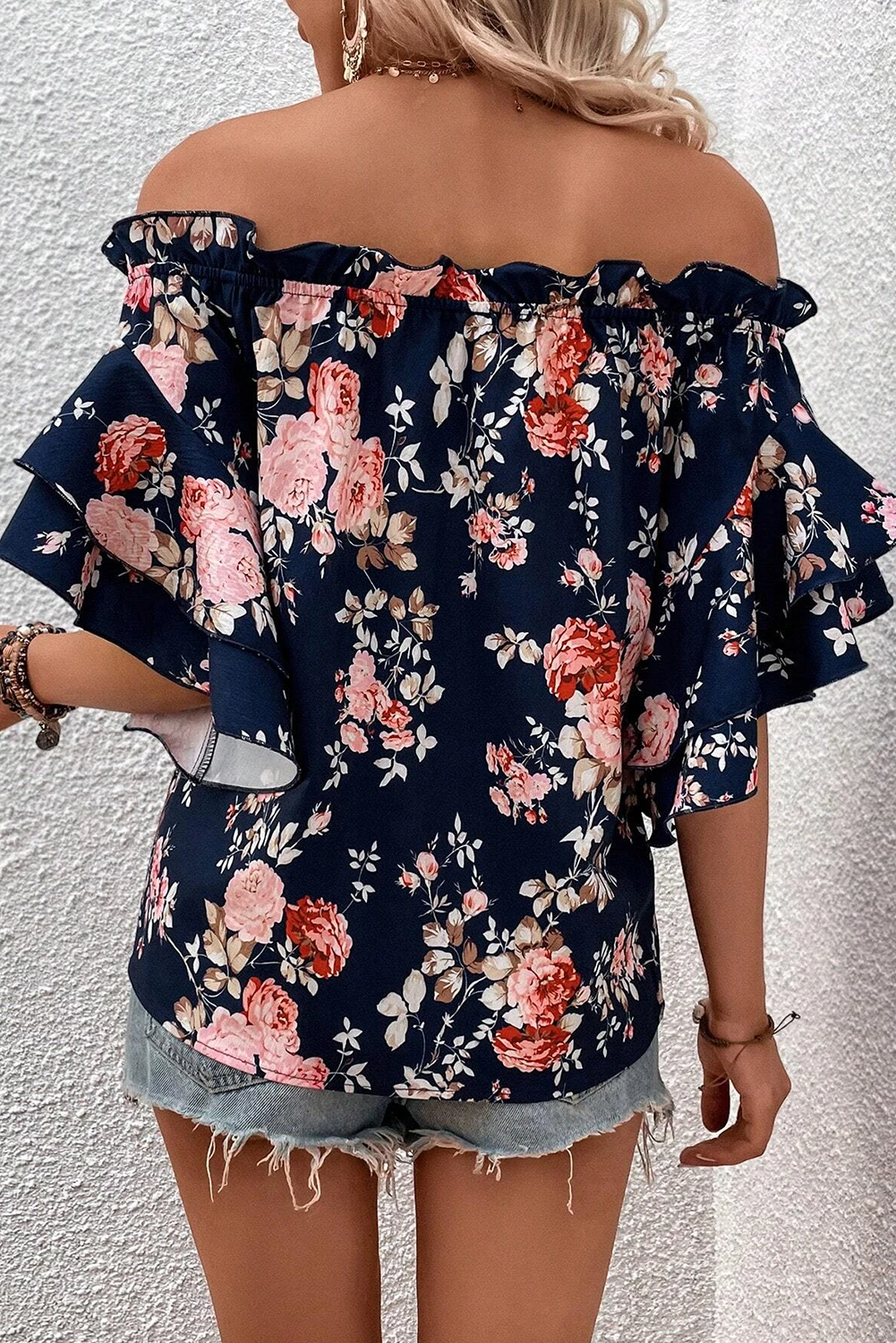 Ruffle Off Shoulder Flounce Sleeve Floral Blouse, S-XL