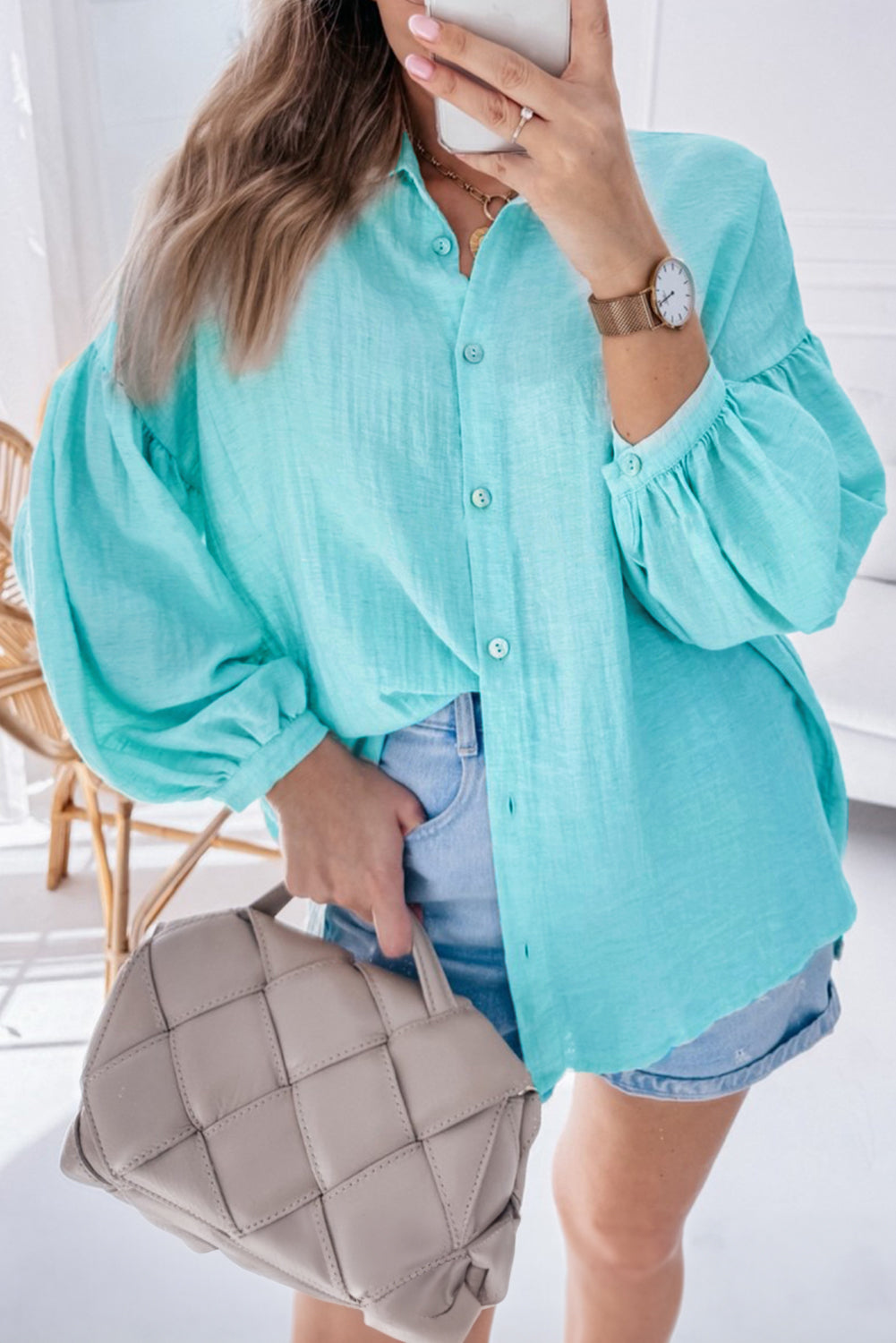 Puff Sleeve Loose Fit Buttoned Shirt, S-XL