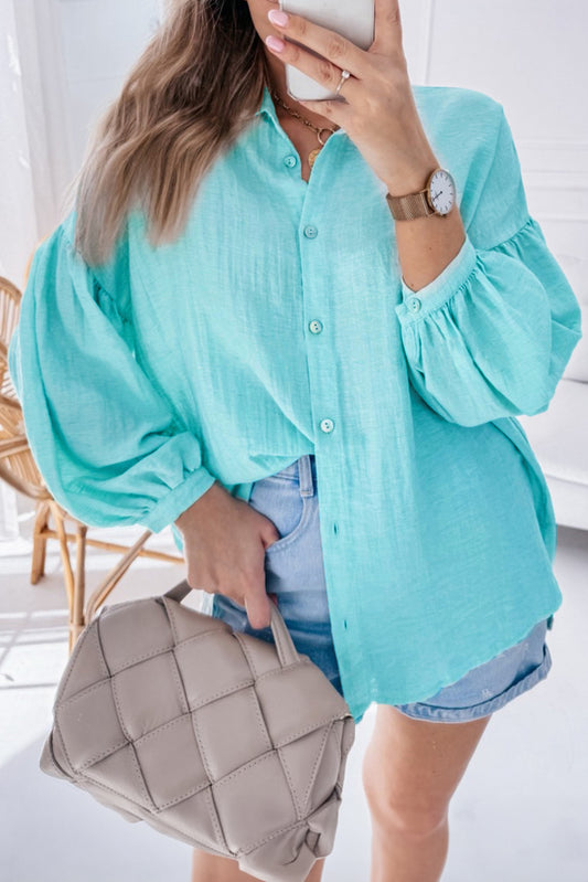 Puff Sleeve Loose Fit Buttoned Shirt, S-XL