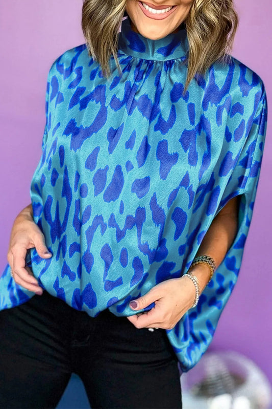 Animal Print Mock Neck Detail Caftan Top, S-XL