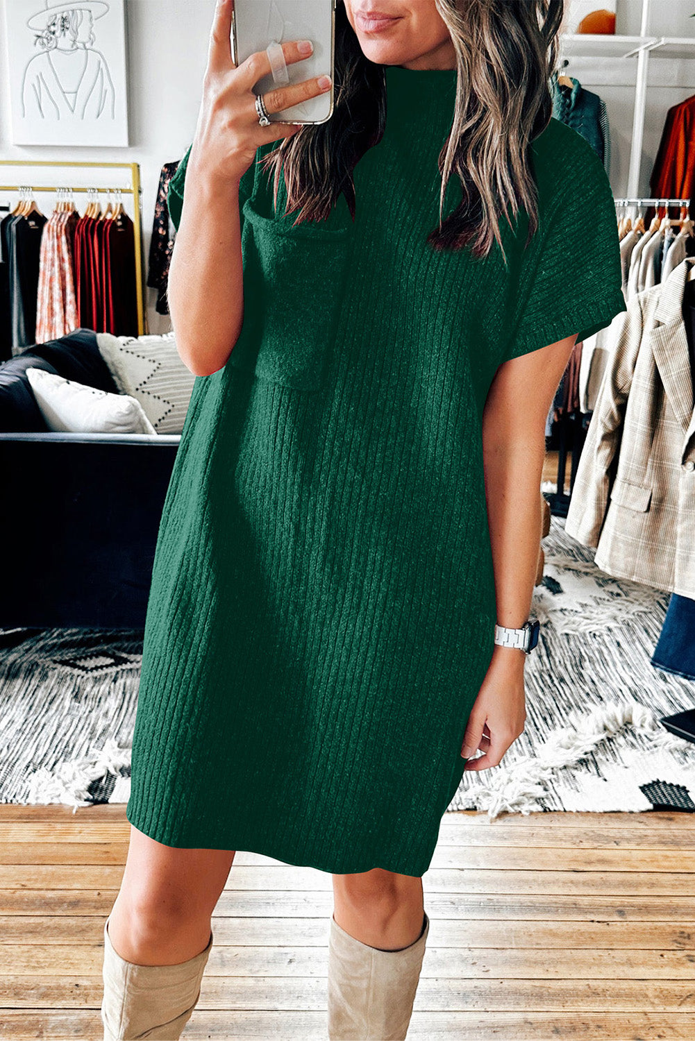 Ribbed Knit Short Sleeve Sweater Dress, S-XL