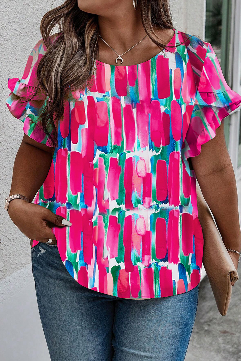 Abstract Print Ruffled Petal Sleeve Blouse, 1XL-3XL