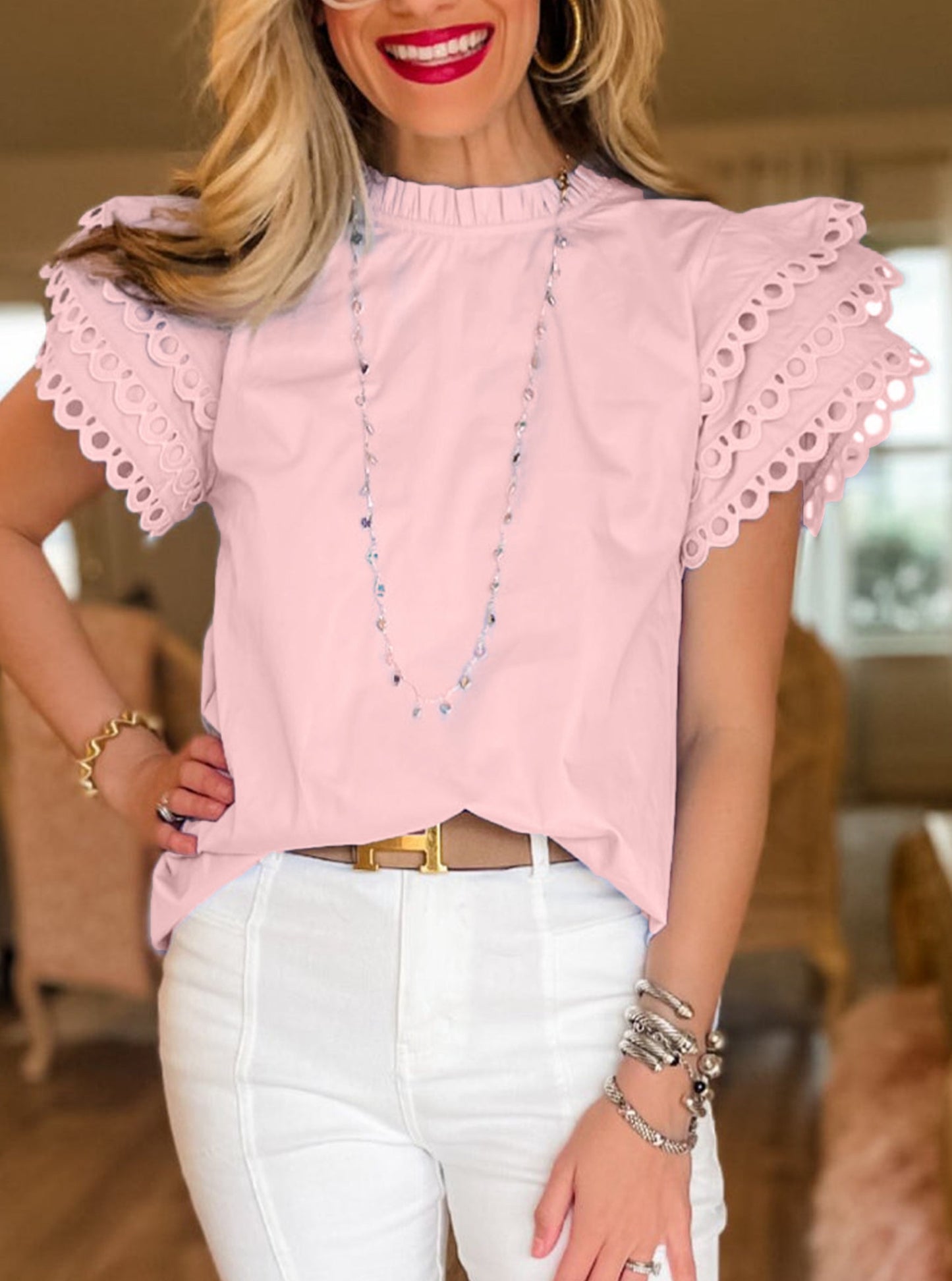 Layered Ric Rac Cap Sleeve Frilled Neck Blouse, S-XL, two color choices