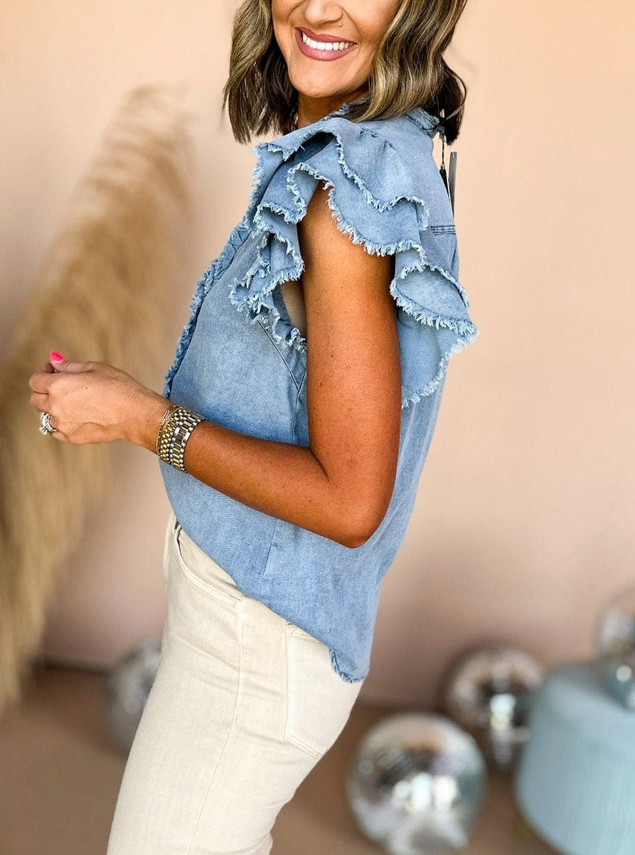 Ruffled Sleeve Button Up Frayed Denim Top, 1XL-3XL