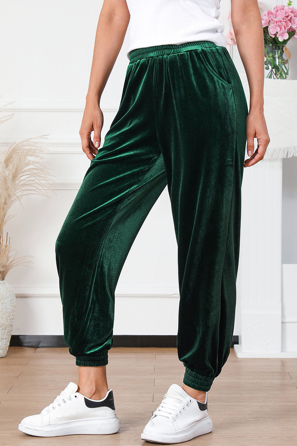 Green Solid Velvet Jogger Pants, S-XL, two color choices