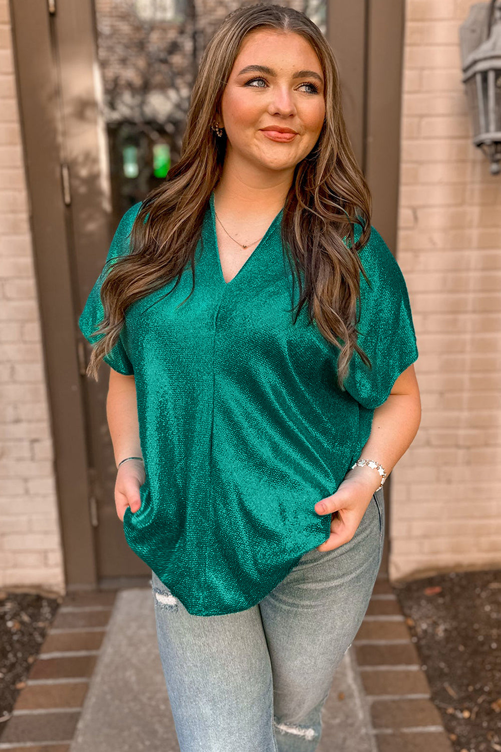 Metallic Look V Neck Tee, 1XL-3XL