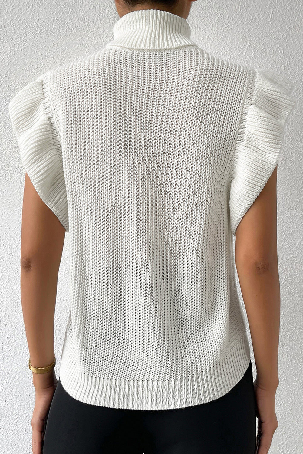 Turtle Neck Short Sleeve Cable Knit Ruffled Sweater, S-XL