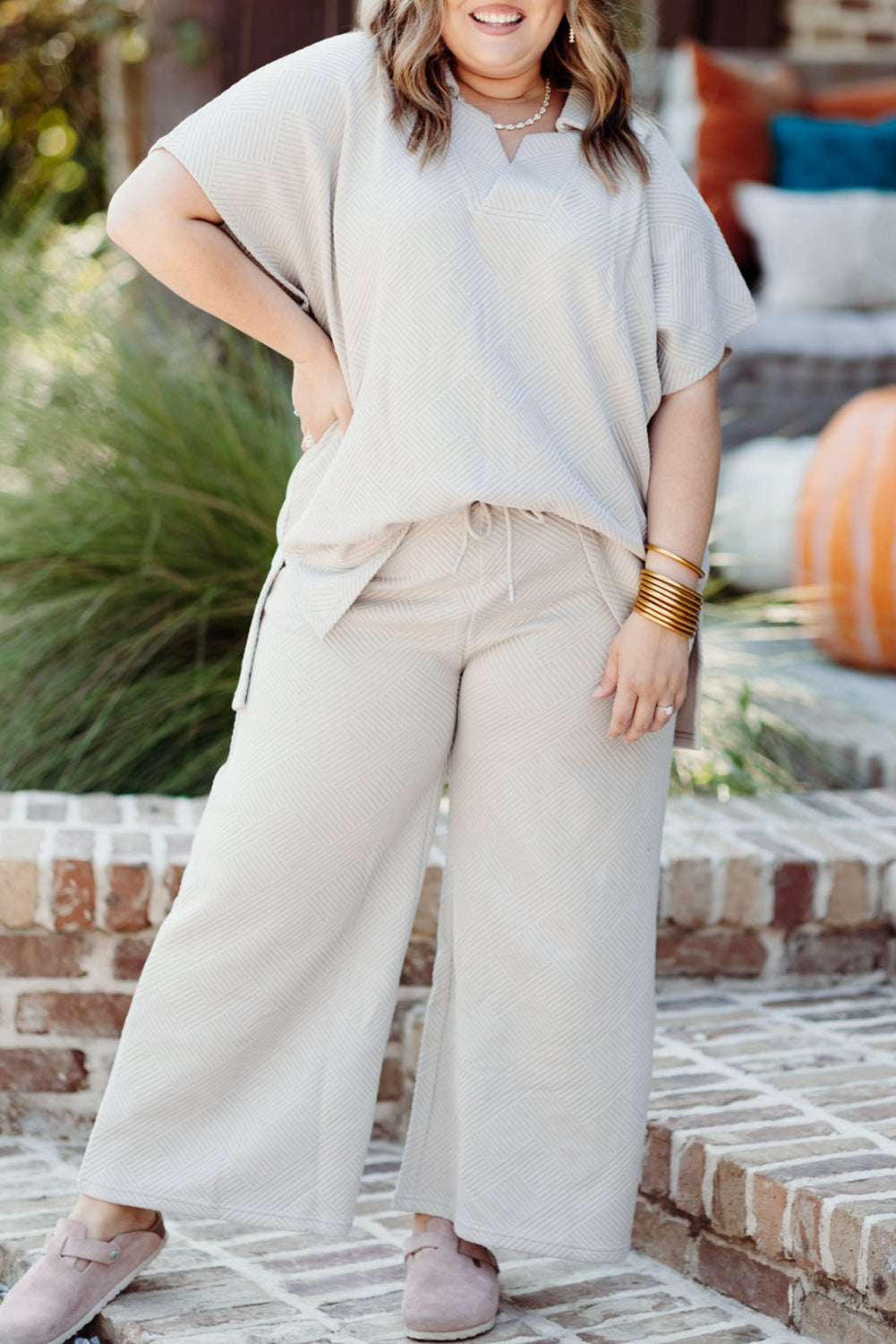 Textured Collared Top and Pants Set, 1XL-3XL