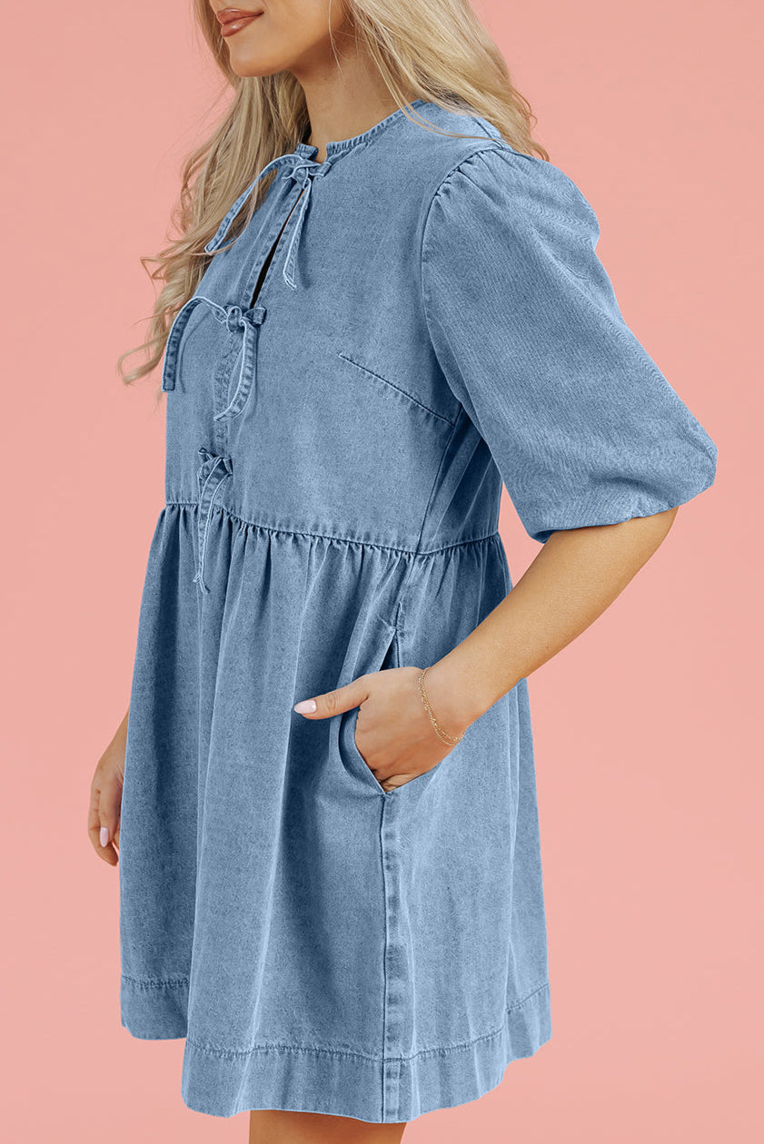 All Mine Bowknot Bubble Sleeve Short Denim Dress