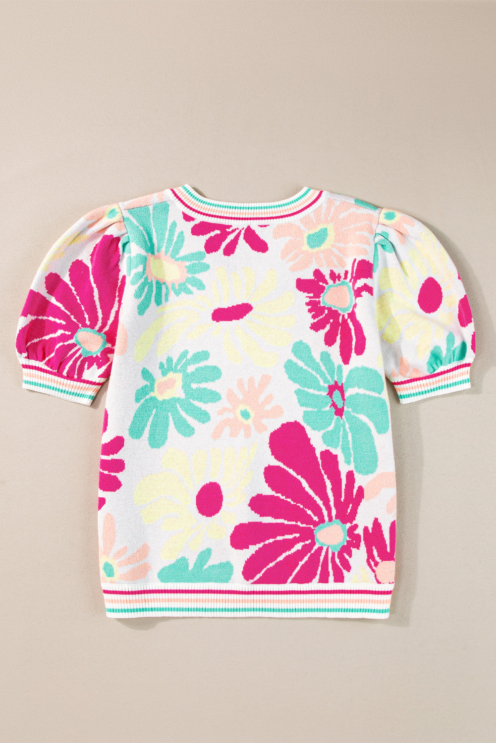 Floral Print V Neck Short Sleeve Sweater, S-XL