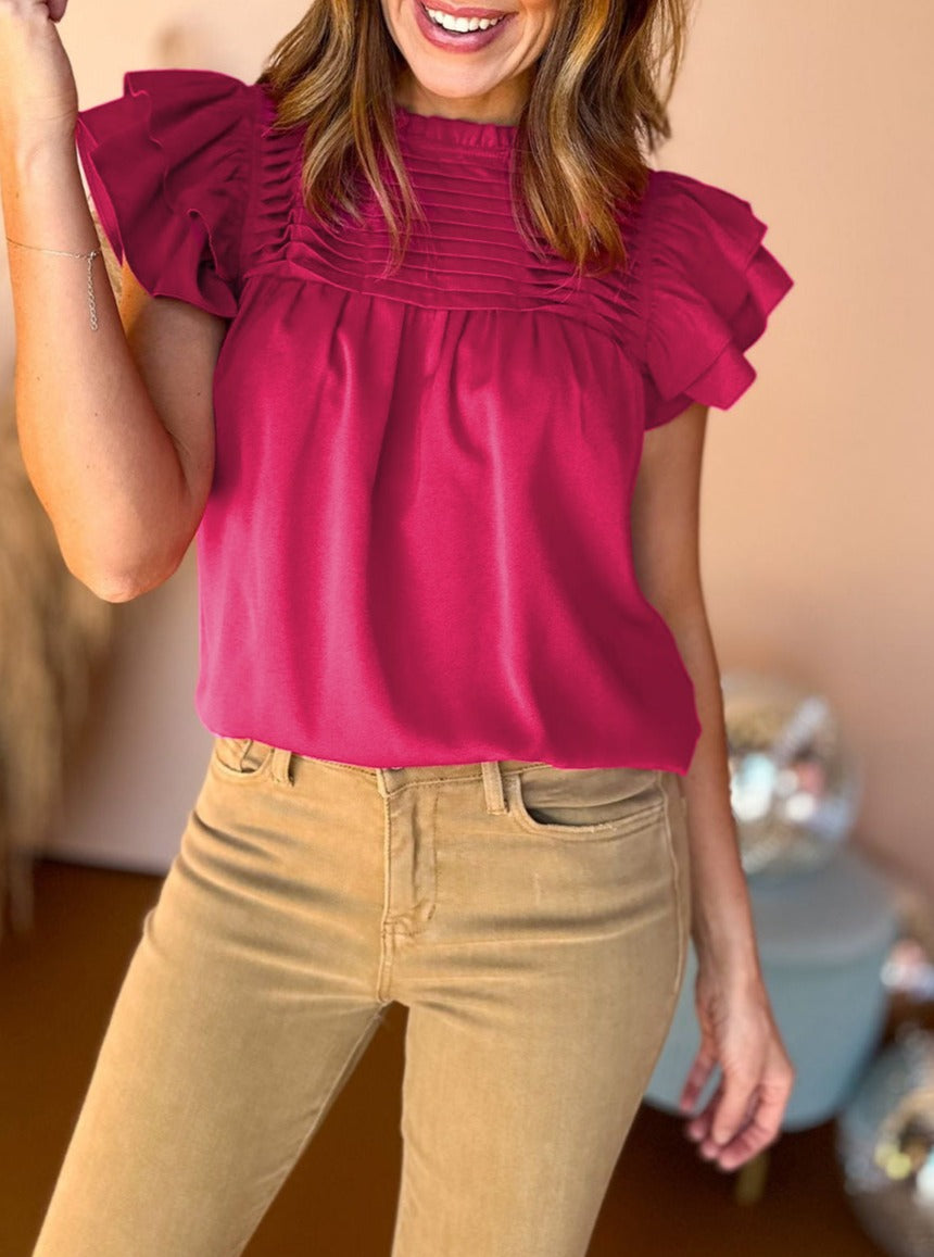 Smocked Ruffle Sleeve Blouse, S-XL, two color choices