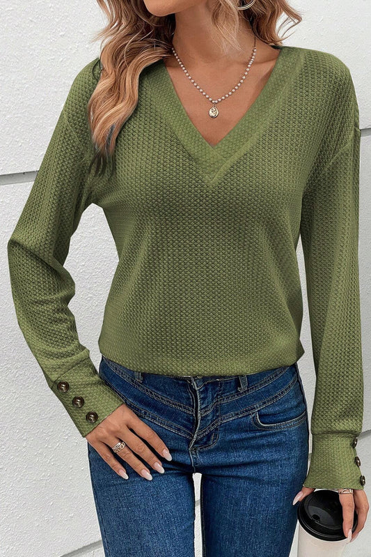 Textured Knit V Neck Button Cuffs Long Sleeve Top, S-XL