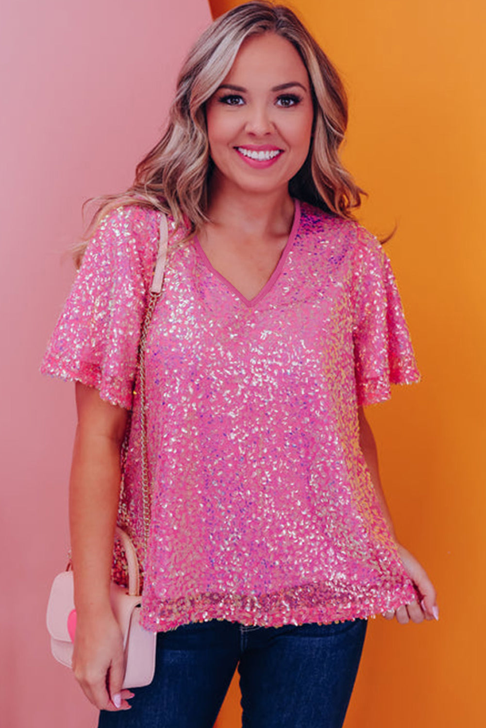 V Neck Wide Sleeve Sequin Top, S-XL