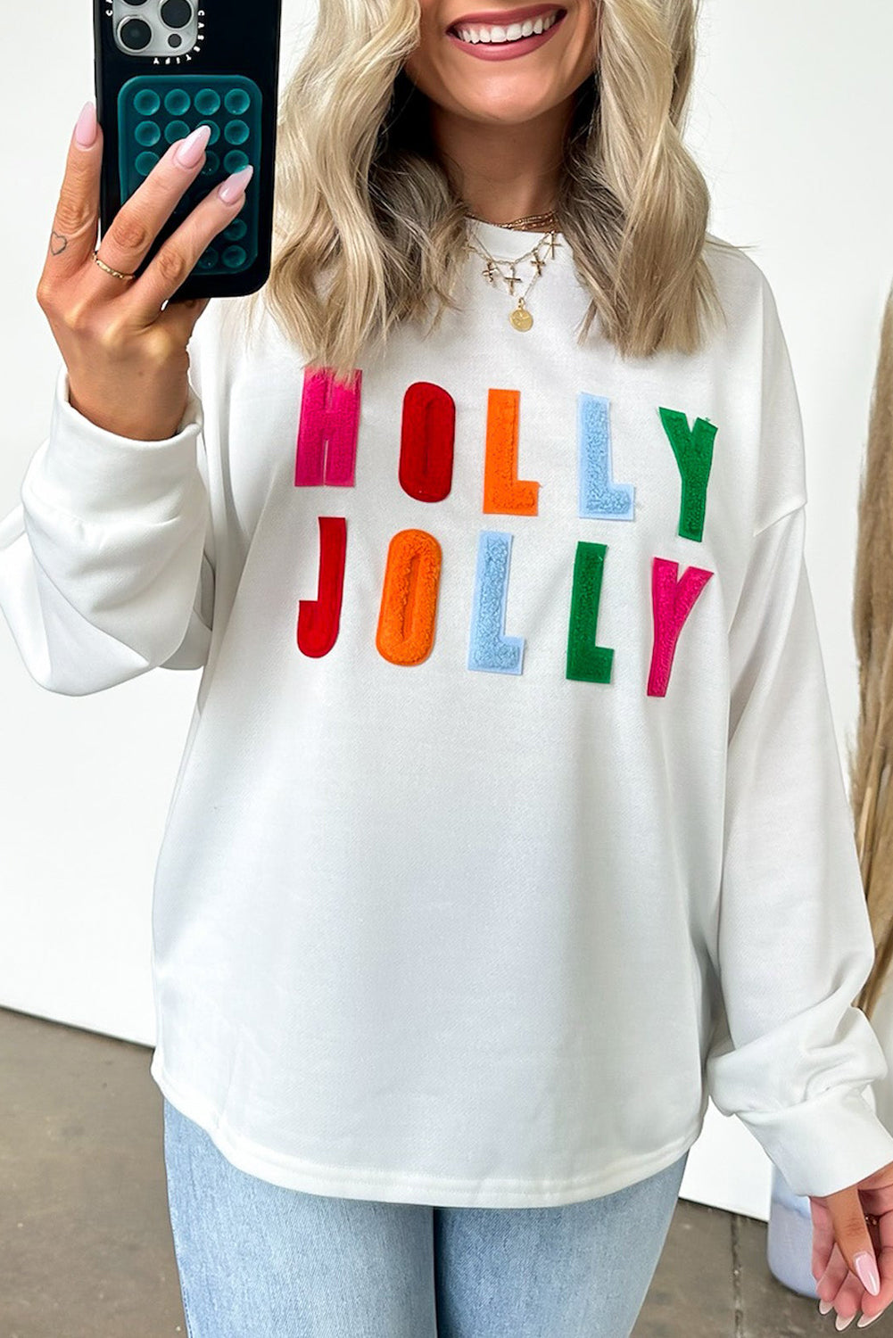 Chenille Holly Jolly Graphic Long Sleeve Top, S-2XL