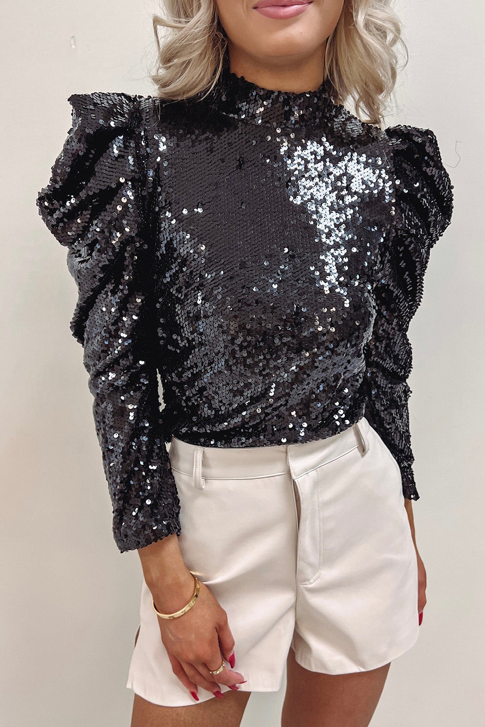 Sequin Mock Neck Bubble Sleeve Top, S-XL