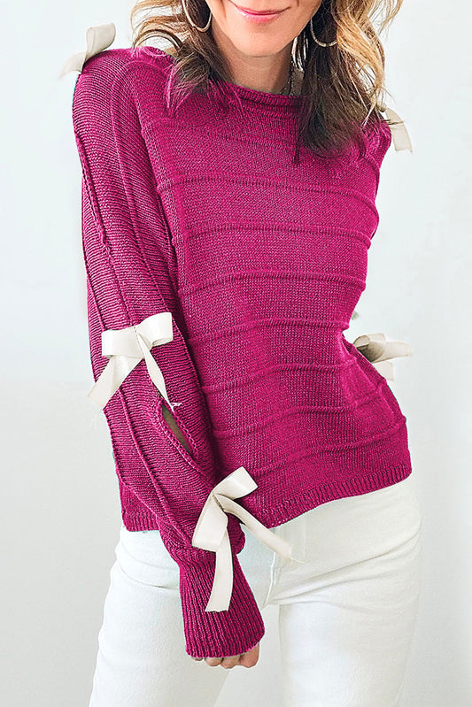 Bow Knot Cut Out Round Neck Loose Sweater, S-2XL