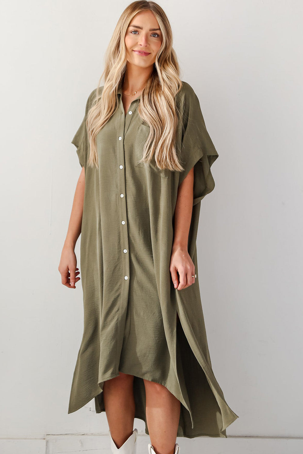 Loose High Low Side Slits Short Sleeve Shirt Dress, S-XL