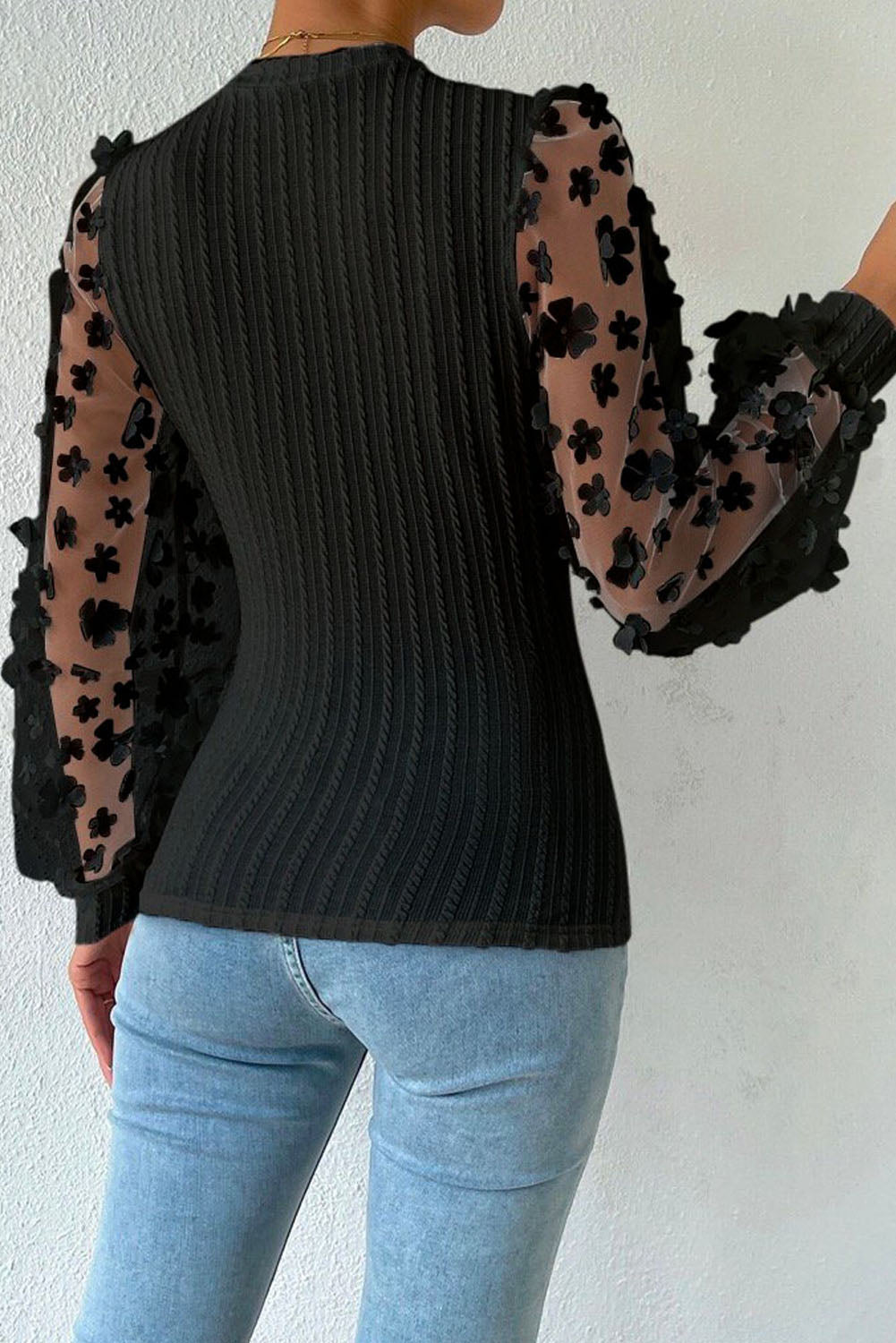 Floral Applique Mesh Sleeves Textured Knit Blouse, S-XL, two color choices!