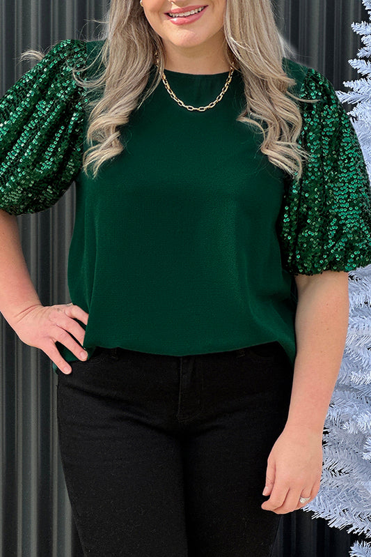 Sequin Short Puff Sleeve Top, 1XL-3XL