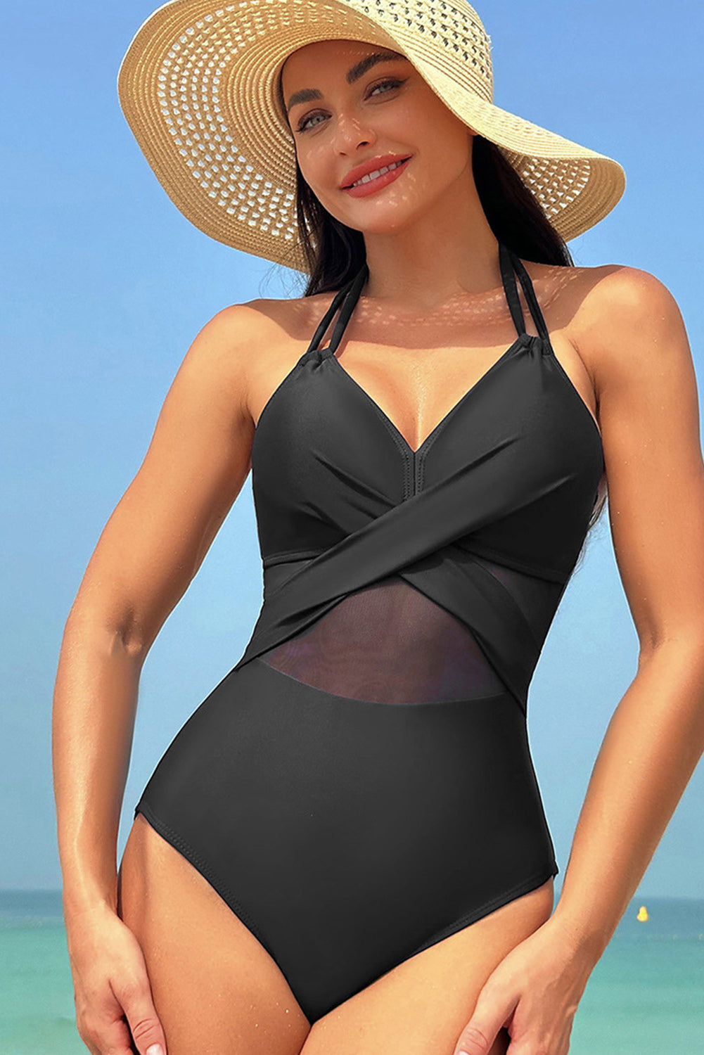 Halter Mesh Insert Cross Front One-Piece Swimsuit, S-2XL