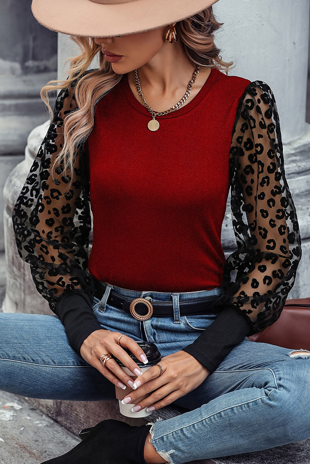 Black Casual Leopard Transparent Peasant Sleeve Shirt, S-2XL