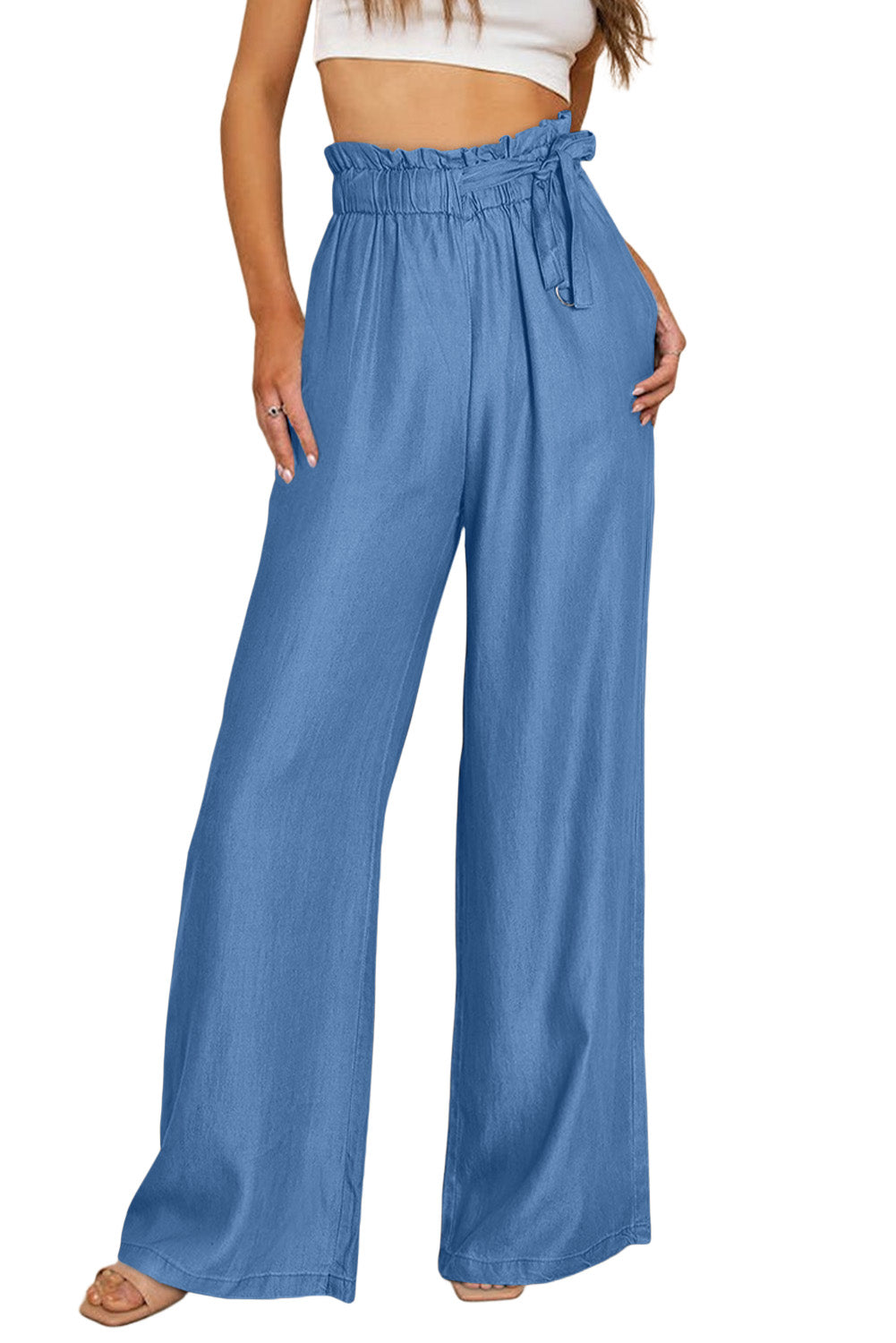 Blue High Waist Pocketed Wide Leg Tencel Jeans, Size 4-18, several color choices