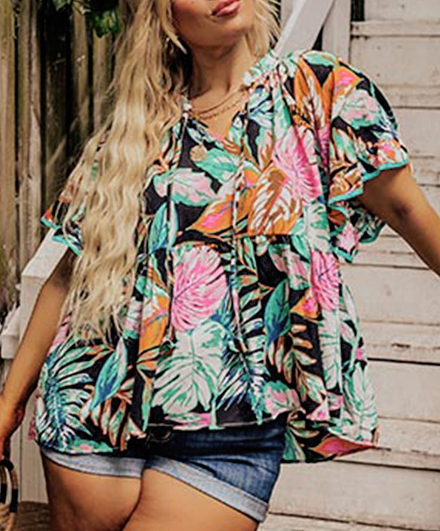 Tropical Print Ruffled Sleeve Flowy Blouse, 1XL-3XL